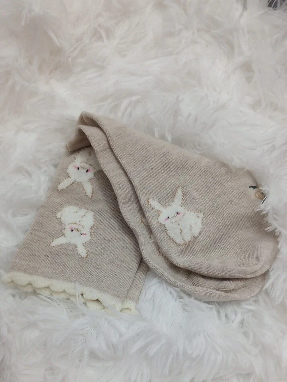 Taupe Cream Bunny Pattern Socks Mid-calf Scallop Cozy Socks